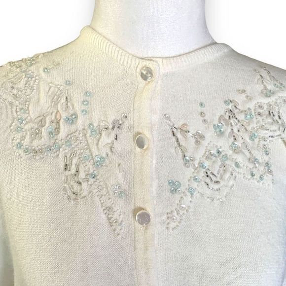 Vintage Knit Cardigan Sweater Fitted Oatmeal Button Front Floral Beaded Sequins - Picture 1 of 7